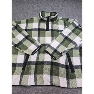 Dip Sherpa Fleece Womens 3x Plus Green Plaid Button Snap Neck